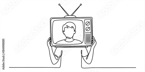 Continuous line art illustrating a person’s identity consumed by television media Vector, illustration