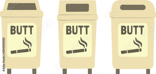 Three Beige Trash Bins with Butt and Cigarette Labels
