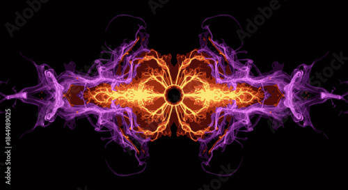 A mesmerizing symmetrical abstract design featuring glowing orange and purple energy patterns against a deep black background, evoking powerful digital magic.