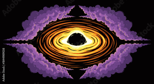 An artistic representation of a swirling black hole, its fiery orange event horizon framed by ethereal purple clouds against the vast darkness of space.