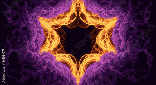 A vibrant abstract design features a glowing orange and yellow six-pointed star enveloped by mystical purple smoke, creating a powerful spiritual and energetic visual.