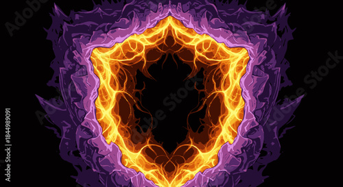 Dynamic abstract digital artwork featuring a mesmerizing cosmic portal, radiating intense fiery energy within a captivating symmetrical purple structure.