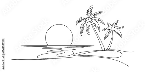 Continuous line art drawing of a tropical sunset with palm trees on an island Vector, illustration