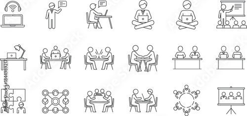 Business meeting and teamwork line icons set with office collaboration presentation discussion and remote work concepts