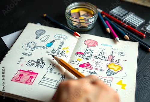 Brainstorming design concepts, sketching initial ideas, visualizing abstract notions on a notebook with artistic tools,  solution,  imagination