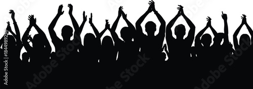 Crowd silhouette cheering, applauding audience people celebrating event, concert festival success teamwork unity illustration celebration community excitement performance entertainment background