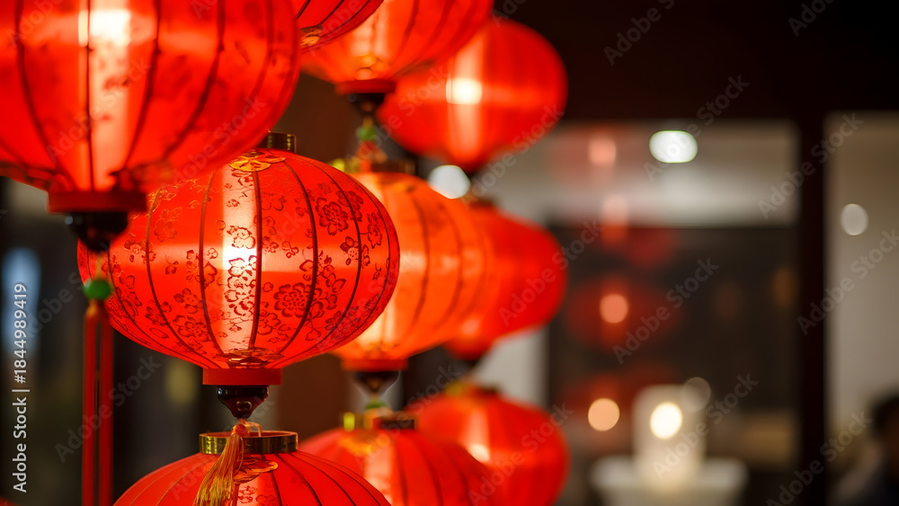 Obraz premium Colorful red Chinese lanterns hanging in festive decoration 