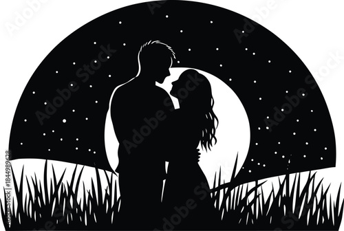 Romantic silhouette of a couple embracing under the full moon and starry night sky