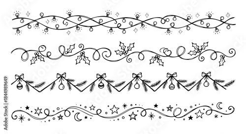 Holiday Lights & Festive Borders “Doodle-style Christmas borders — string lights, stars, swirls, garlands — decorative minimal line art for festive designs.”