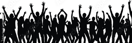 Dancing crowd silhouette celebrating, energetic people raising hands, party concert festival excitement, nightlife music event illustration background
