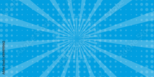 Comic background. Pop art texture. Starburst cartoon style. Anime design with explosion effect for print. Fun dot pattern. Blue backdrop with halftone gradient.