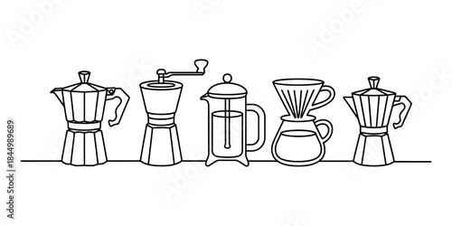 A continuous line art illustration featuring a variety of coffee brewing equipment and tools Vector, illustration