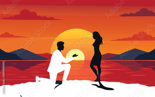 Romantic silhouette of a man proposing to his beloved woman during a vibrant sunset over water