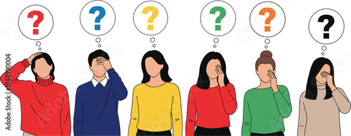 Confused people thinking illustration set with question marks problem solving doubt stress and decision making concept