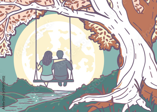 Romantic night swing: a couple's serene moment beneath the luminous full moon