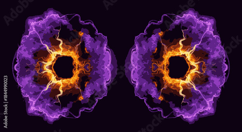 Two vibrant, symmetrical abstract energy bursts with glowing purple and fiery orange hues against a dark background, creating a captivating cosmic visual effect.