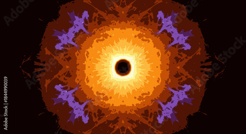 A vibrant abstract mandala-like design features a glowing orange and yellow core with intricate purple patterns, evoking cosmic energy and spiritual awakening.