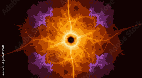 An intricate abstract fractal pattern glows with intense energy from a central point, expanding into complex, organic shapes in a dynamic color palette.