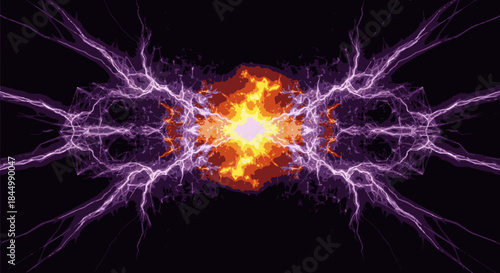 A captivating abstract visual presents a brilliant fiery core, radiating intricate purple electrical discharges against a dark background, symbolizing immense power.