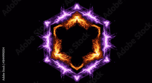 A mesmerizing abstract hexagonal energy portal glows with vibrant purple and orange particles against a dark background, creating a futuristic digital art design.