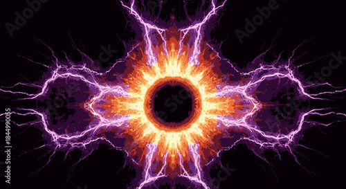A captivating abstract cosmic energy burst, featuring a central black void radiating vibrant orange light and enveloped by symmetrical purple lightning, symbolizes immense power and mystery.