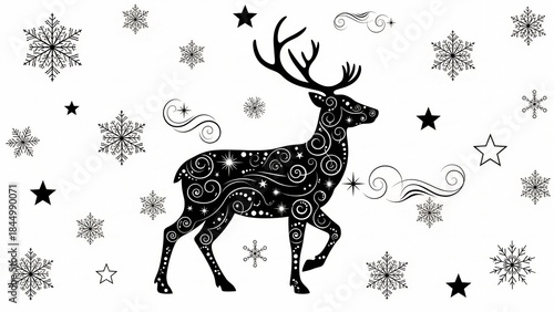 Elegant Decorative Winter Reindeer with Ornamental Patterns, Snowflakes, and Stars in a Festive Scandinavian Christmas Style