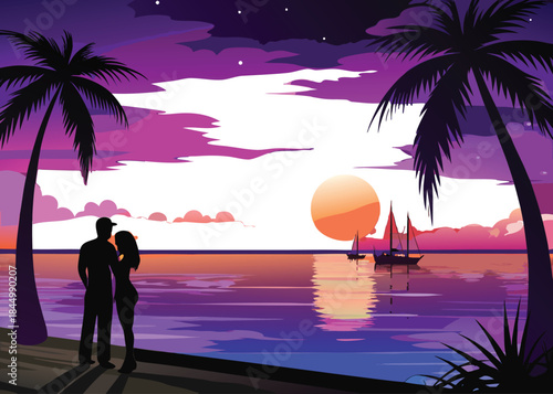 Romantic tropical sunset on the beach with a couple watching vibrant sky and sailboats