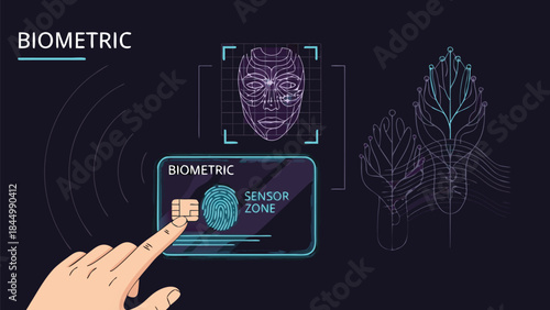 Vector Illustration of biometric security system with facial recognition, fingerprint scanning, and digital identity verification technology on dark background.
