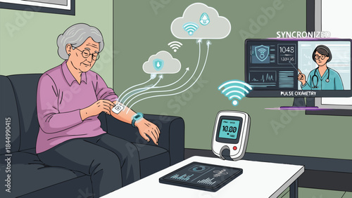Vector Illustration of elderly woman using wearable health devices with synchronized cloud-based telemedicine monitoring system and pulse oximetry data tracking.