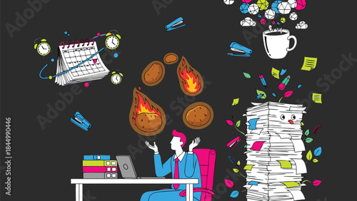 Vector Illustration of a stressed office worker juggling multiple tasks including burning deadlines, stacked paperwork, coffee, and calendar schedules on a dark background.