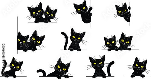 Cute black cat illustration set with playful poses peeking jumping and sitting cartoon character collection