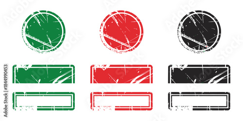 green ecologic rubber stamp set, featuring round and rectangle grunge frames with vintage texture, empty space, retro natural style and clean vector illustration elements for labels, badges 