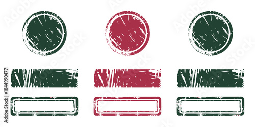 Rubber stamp set, featuring round and rectangle grunge frames with vintage texture, empty space, retro natural style and clean vector illustration elements for labels, badges and packaging.