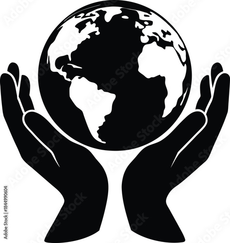 Black silhouette of two cupped hands holding the Earth