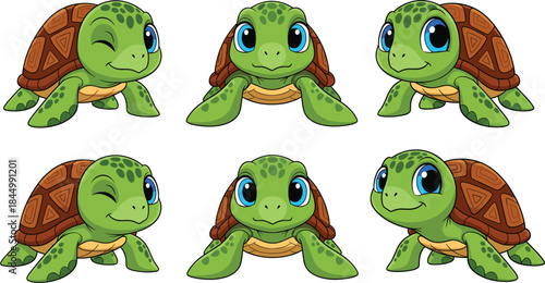 Cute cartoon turtle character set with different facial expressions poses for kids illustration and mascot design