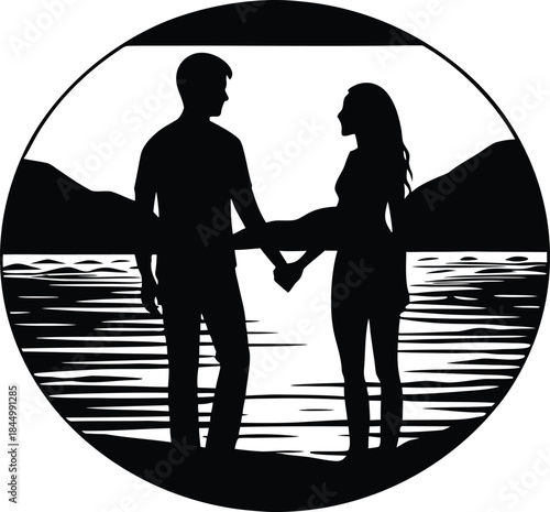 Romantic silhouette of a couple holding hands by the water at sunset in a circular frame