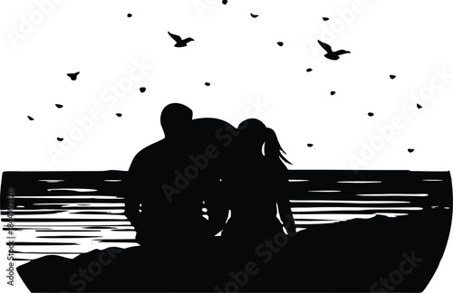 Couple's romantic seaside silhouette watching birds fly over the serene ocean