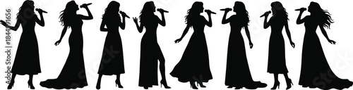 Female singer silhouette collection, woman vocalist performing on stage with microphone, elegant dress concert music performance illustration, isolated background set