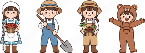 Cute farmer children character set with gardening tools harvest basket and bear costume in kawaii cartoon flat vector style