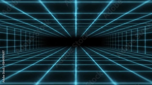 Neon blue grid lines radiate from a dark center in a futuristic digital tunnel with a black background and glowing blue lines.