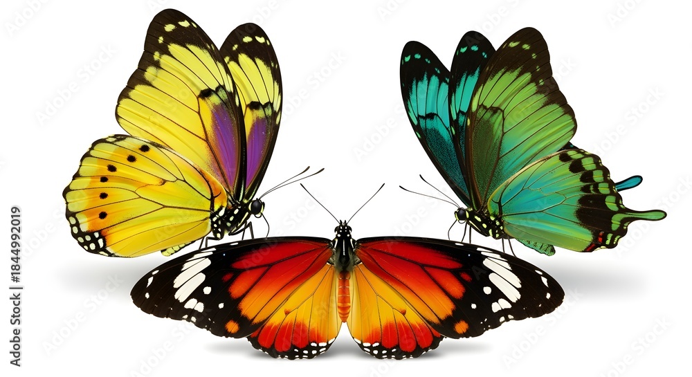 Fototapeta premium Three Vibrant Butterflies with Open Wings on a White Background.