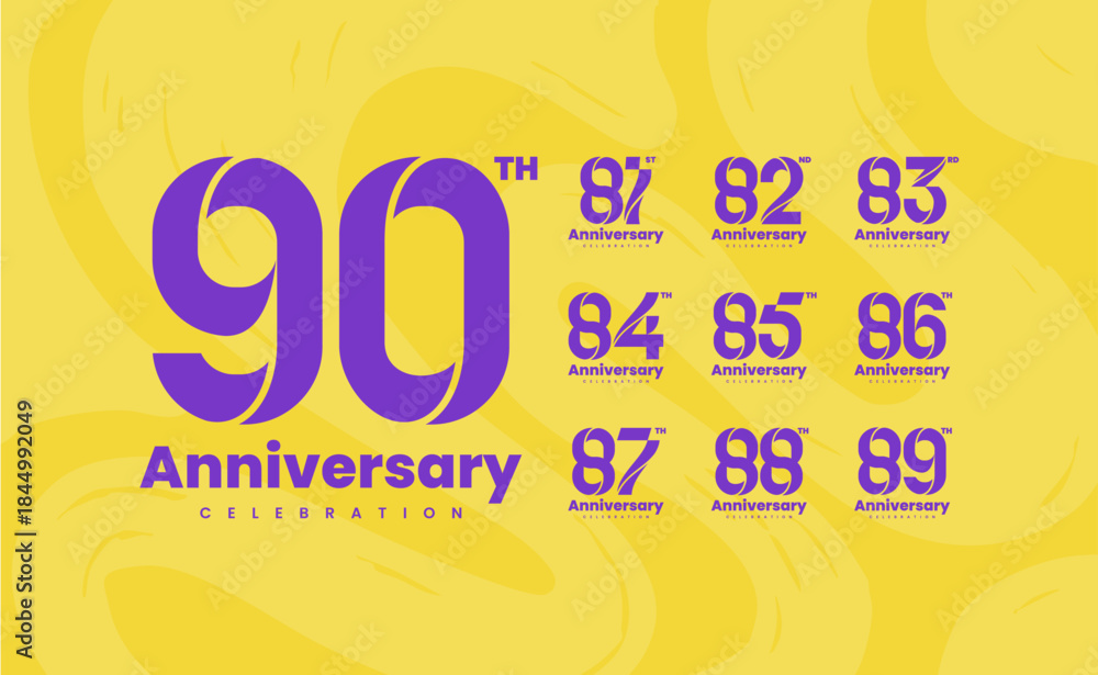 Fototapeta premium Colorful anniversary celebration logotype set. 81, 82, 83, 84, 85, 86, 87, 88, 89, 90