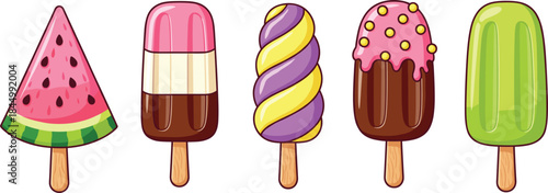 Cute ice cream popsicle illustration set with fruity chocolate and colorful frozen dessert treats flat vector design