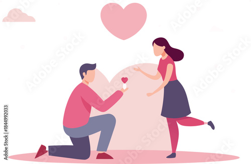 Romantic gesture: a man on one knee presenting hearts to a woman as a symbol of love
