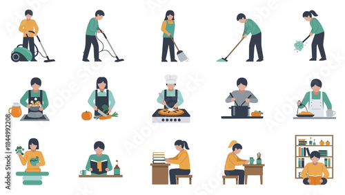 Everyday Home Activities: Icons of People Cleaning, Cooking, Learning, and Hobbies