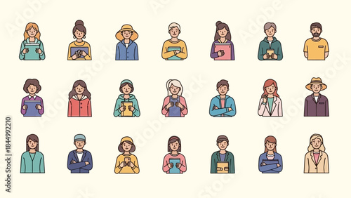 Diverse collection of flat design cartoon people avatars representing various community roles