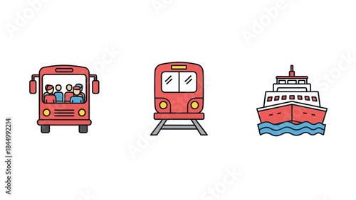 Public Transport Modes Illustration Set for Urban and Travel Journeys: Bus, Train, and Ship Icons