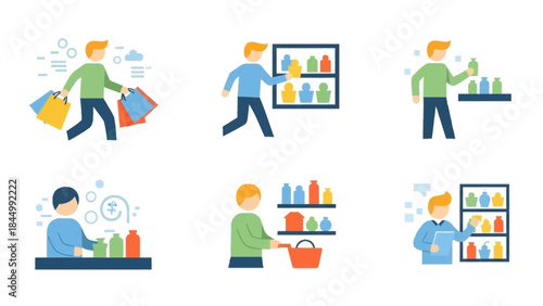 People shopping and managing products in a retail environment - a collection of flat design illustrations