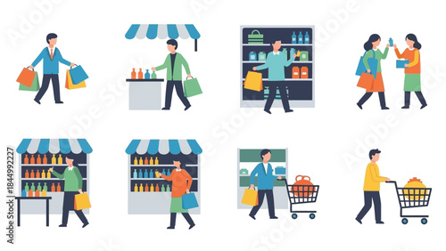 Collection of flat illustrations showing people shopping in various retail environments