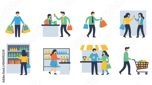 People shopping in various retail scenarios, including checkout, browsing, and carrying bags